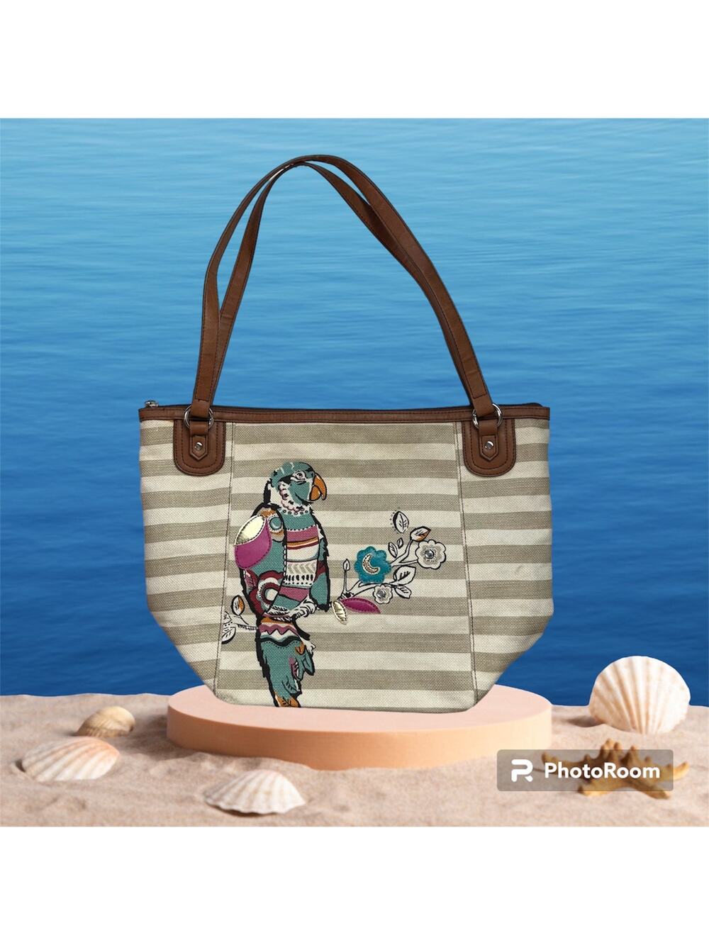 Relic Striped Canvas & Faux Leather Tote Bag With Parrot & Rhinestones *READ*
